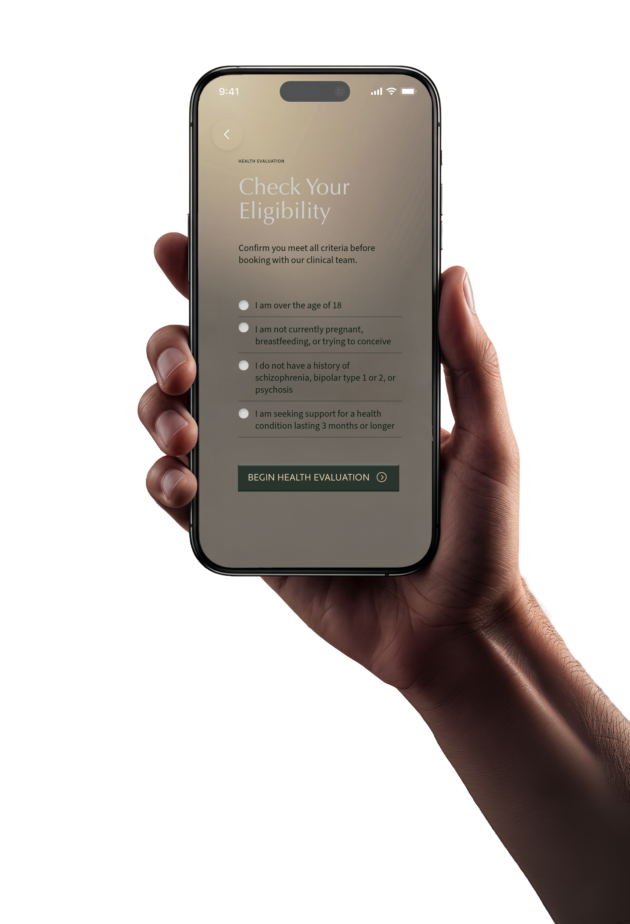 Health evaluation eligibility form on mobile